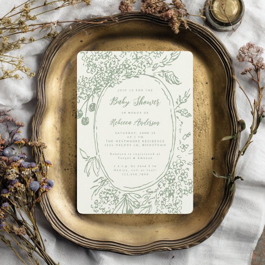 Whimsical Floral Doodle Sage Green Baby Shower Kaart