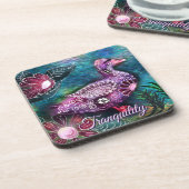 Whimsical Floral Duck Purple Teal Personalized Bier Onderzetter (Linkerzijde)