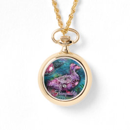 Whimsical Floral Duck Purple Teal Personalized Horloge