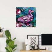 Whimsical Floral Duck Purple Teal Personalized Poster (Thuiskantoor)