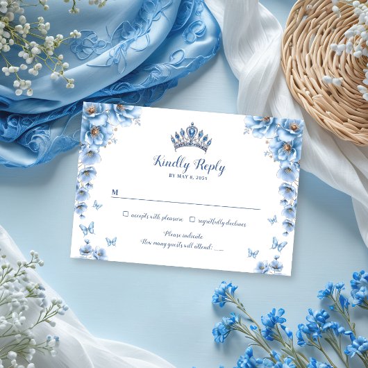 Whimsical Floral Dusty Blue Princess Quinceañera RSVP Kaartje