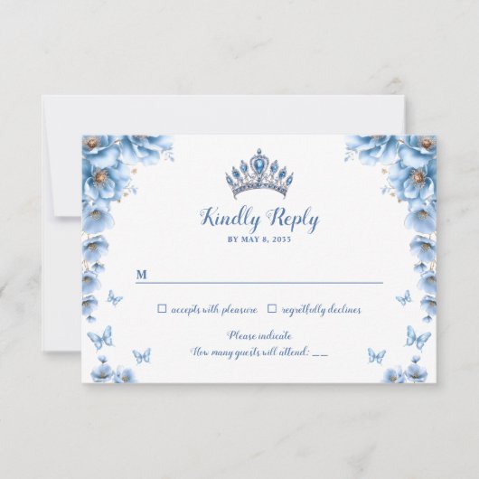 Whimsical Floral Dusty Blue Princess Quinceañera RSVP Kaartje (Voorkant)