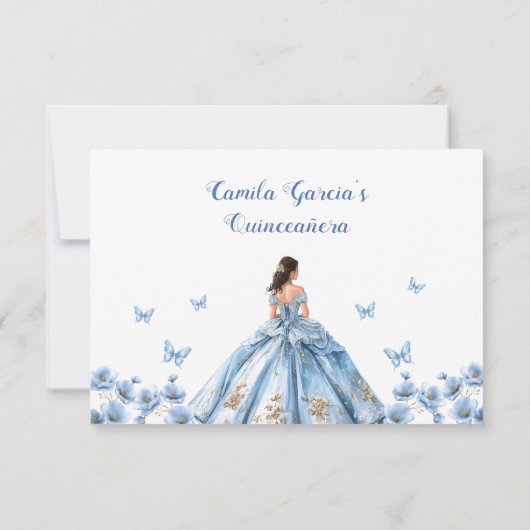Whimsical Floral Dusty Blue Princess Quinceañera RSVP Kaartje (Achterkant)