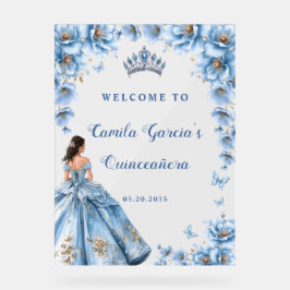 Whimsical Floral Dusty Blue Quinceañera Welkom Acryl Bord