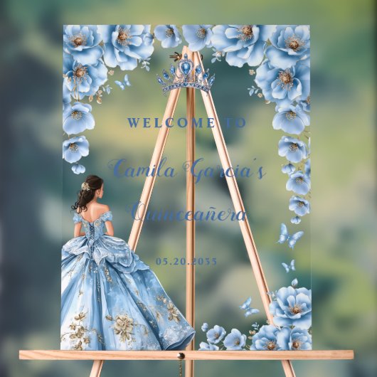 Whimsical Floral Dusty Blue Quinceañera Welkom Acryl Bord (Neutraal)