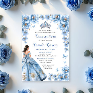 Whimsical Floral Dusty Blue Tiara Quinceañera Kaart