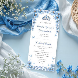 Whimsical Floral Dusty Blue Tiara Quinceañera Programmakaart