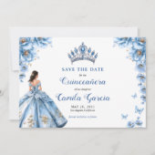 Whimsical Floral Dusty Blue Tiara Quinceañera Save The Date (Voorkant)
