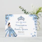 Whimsical Floral Dusty Blue Tiara Quinceañera Save The Date (Staand voorkant)