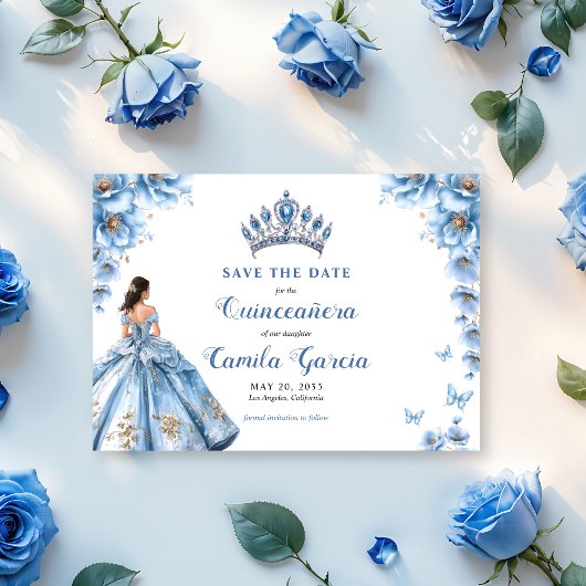 Whimsical Floral Dusty Blue Tiara Quinceañera Save The Date