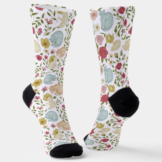 Whimsical Floral en Sleepy Cat Pattern Sokken (Gebogen)