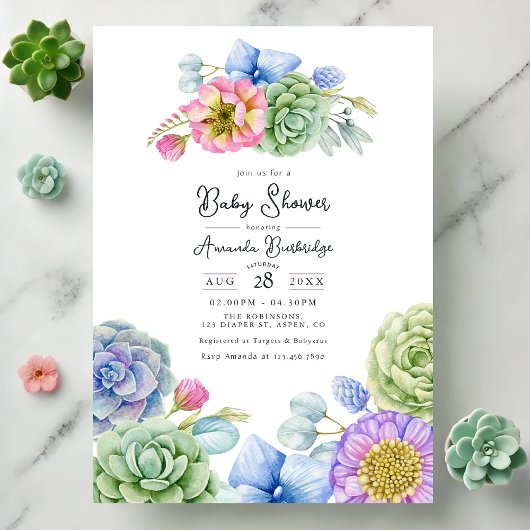 Whimsical Floral en Succulent Baby shower Kaart