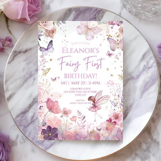Whimsical Floral Fairy First Birthday Invitation Kaart