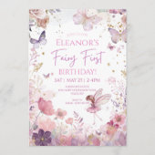 Whimsical Floral Fairy First Birthday Invitation Kaart (Voorkant)