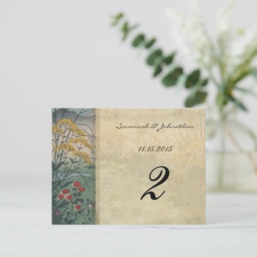 Whimsical Floral Fall Wedding Table Number Kaarten (Staand voorkant)