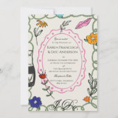 Whimsical Floral Folk Art Wedding Hand Drawn  Kaart (Voorkant)