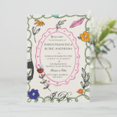 Whimsical Floral Folk Art Wedding Hand Drawn  Kaart (Staand voorkant)