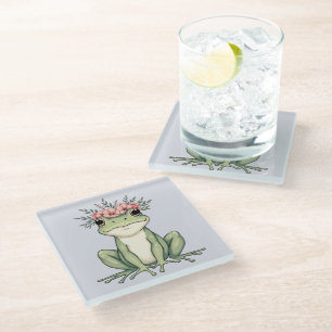 Whimsical Floral Frog Cottagecore Glazen Onderzetter