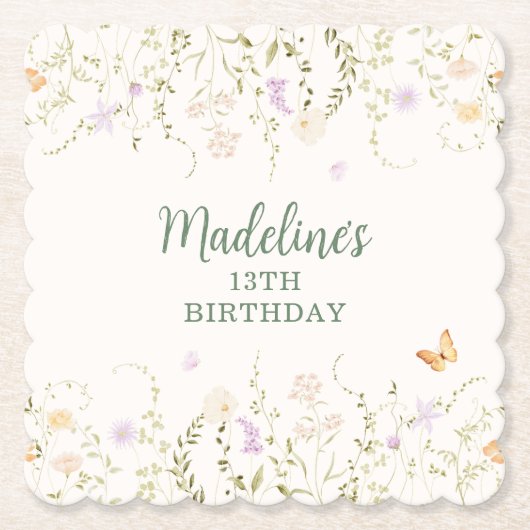 Whimsical Floral Garden Party Verjaardag Kartonnen Onderzetters (Voorkant)