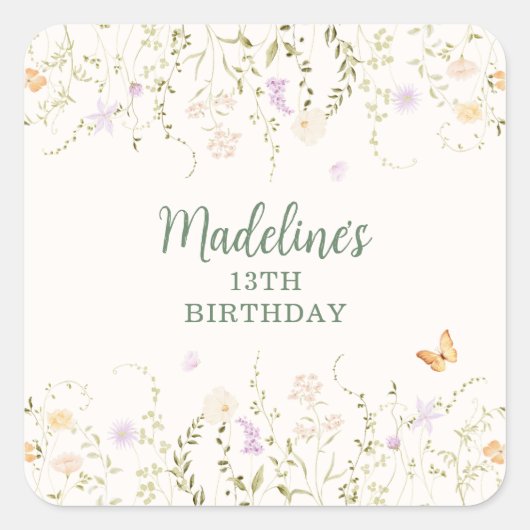 Whimsical Floral Garden Party Verjaardag Vierkante Sticker (Voorkant)