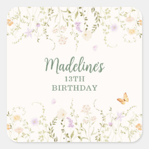 Whimsical Floral Garden Party Verjaardag Vierkante Sticker