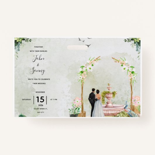 Whimsical Floral Garden Wedding Invitation – Elega Badge (Voorkant)