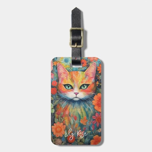 Whimsical Floral gewatteerde kat Monogram Bagagelabel (Voorkant verticaal)