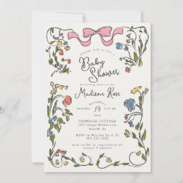 Whimsical Floral Girl Doodle Baby Shower Invite Kaart