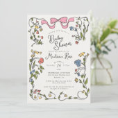 Whimsical Floral Girl Doodle Baby Shower Invite Kaart (Staand voorkant)