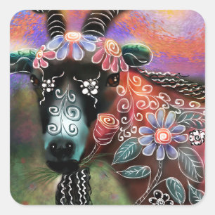 Whimsical Floral Goat Boerderij Animal Floral Peac Vierkante Sticker