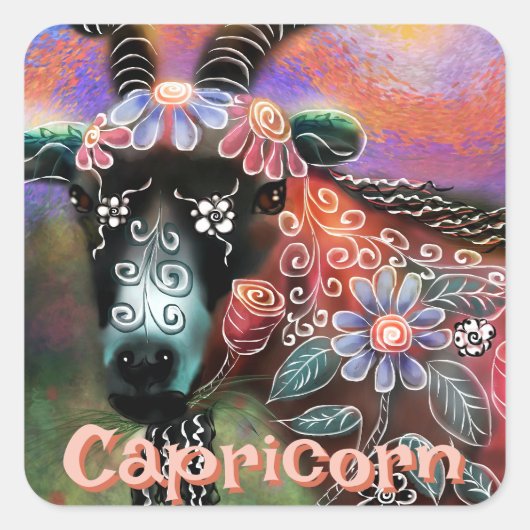 Whimsical Floral Goat Steenbok Gepersonaliseerd Vierkante Sticker (Voorkant)