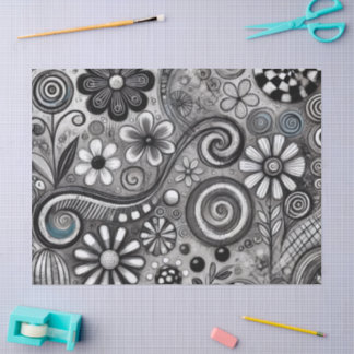 Whimsical Floral Grijswaarden Zwart Wit Decoupage Tissuepapier