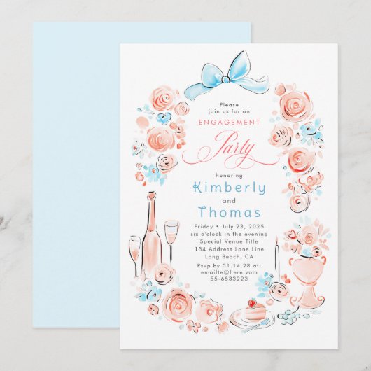 Whimsical Floral Hand Drawn Bow Engagement Party Kaart (Voorkant / Achterkant)