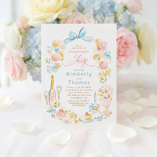 Whimsical Floral Hand Drawn Bow Engagement Party Kaart