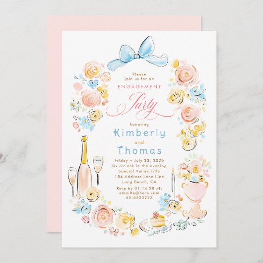 Whimsical Floral Hand Drawn Bow Engagement Party Kaart (Voorkant / Achterkant)