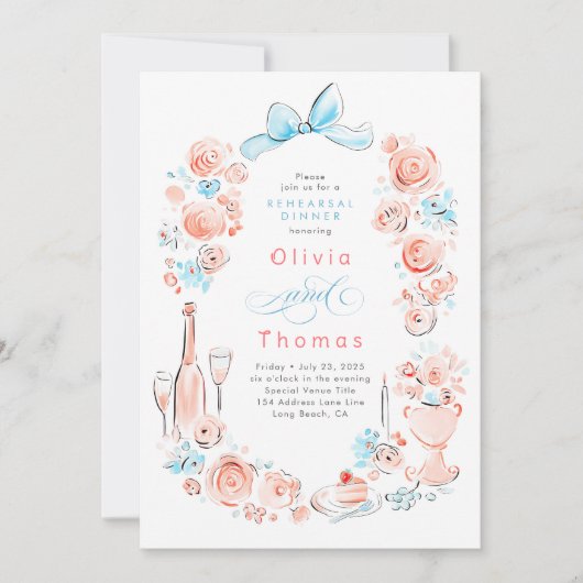 Whimsical Floral Hand Drawn Bow Rehearsal Dinner Kaart (Voorkant)