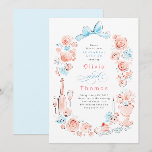 Whimsical Floral Hand Drawn Bow Rehearsal Dinner Kaart (Voorkant / Achterkant)