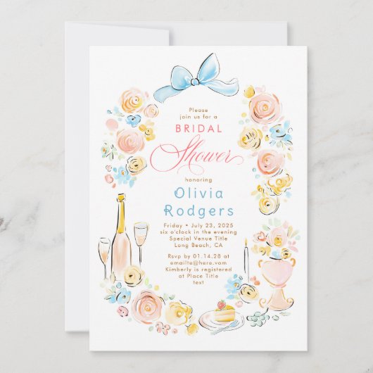 Whimsical Floral Hand Drawn Chic Bow Bridal Shower Kaart (Voorkant)