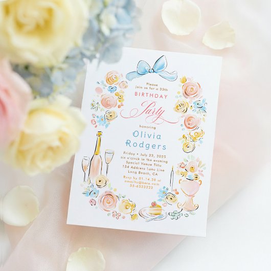 Whimsical Floral Hand Drawn Coquette Bow Birthday Kaart