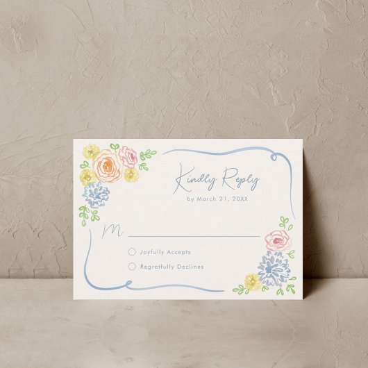 Whimsical Floral Hand getrokken pastel bruiloft RSVP Kaartje