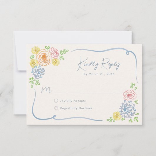 Whimsical Floral Hand getrokken pastel bruiloft RSVP Kaartje (Voorkant)