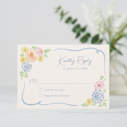 Whimsical Floral Hand getrokken pastel bruiloft RSVP Kaartje (Staand voorkant)