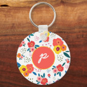 Whimsical Floral in Yellow and Coral Monogram Sleutelhanger (Voorkant)