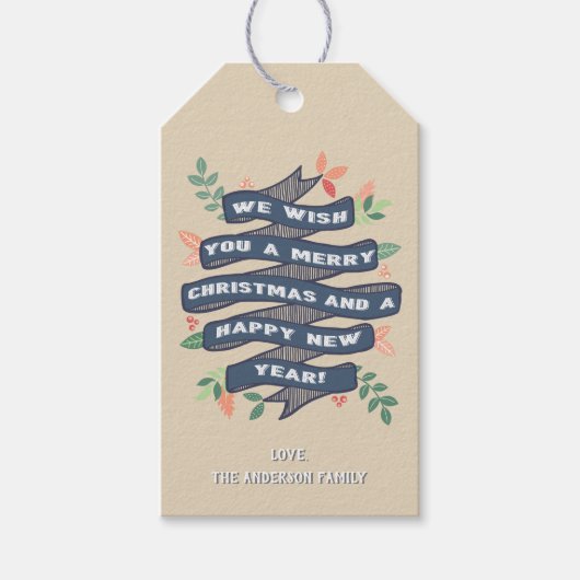 Whimsical Floral kerstbanner Holiday Cadeaulabel (Voorkant)