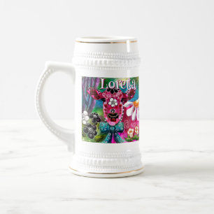 Whimsical Floral Koe Roze Blauwgroen Zwart Geperso Bierpul
