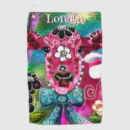 Whimsical Floral Koe Roze Blauwgroen Zwart Geperso Golfhanddoek