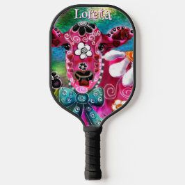 Whimsical Floral Koe Roze Blauwgroen Zwart Geperso Pickleball Paddle