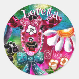 Whimsical Floral Koe Roze Blauwgroen Zwart Geperso Ronde Sticker