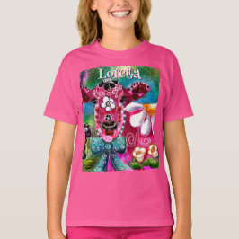 Whimsical Floral Koe Roze Blauwgroen Zwart Geperso T-shirt