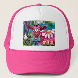 Whimsical Floral Koe Roze Blauwgroen Zwart Geperso Trucker Pet